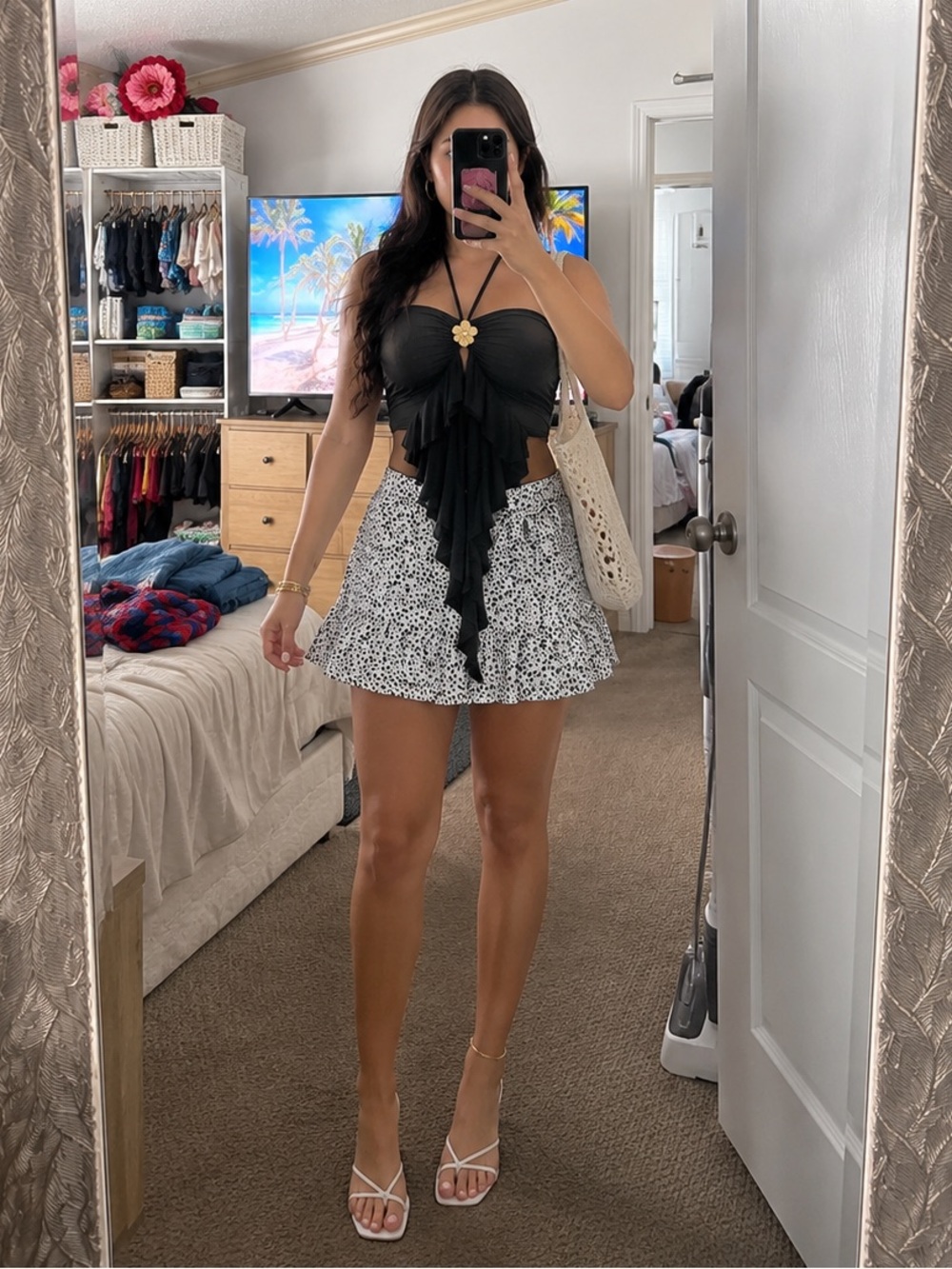 Black Ruffle White Floral Mini Skirt